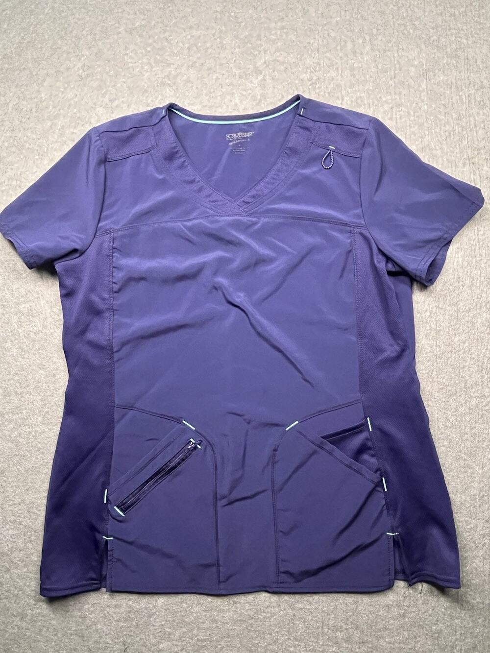 EXCELLENT SCRUBSTAR Women M Indigo Scrub Top V-Neck Zip Pockets Stretch